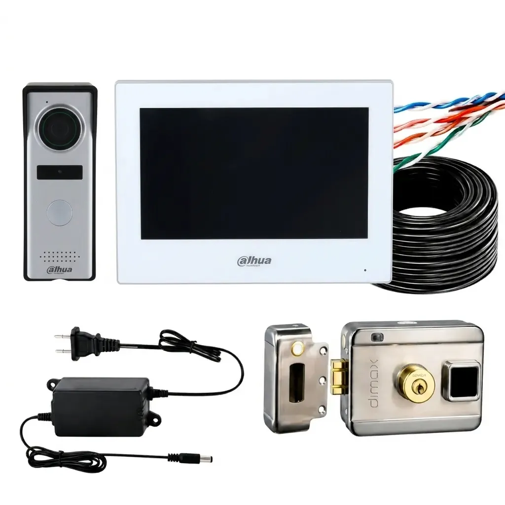 COMBO - KIT DE VIDEO PORTERO HIBRIDO DHI-KTH01 + CHAPA ELECTRICA N094 + FUENTE 2AMP  + CABLE PARA EXTERIOR CAT 5